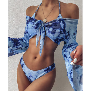 2021 Sexy Three Pieces Bikini Set Bell Sleeve Bikini Cover Up Swimwear Women Swimsuit Print Bathing Suit Beachwear Swimming Suit