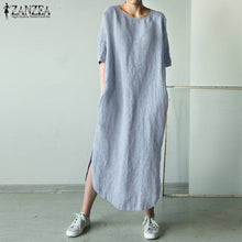 将图片加载到图库查看器，2021 ZANZEA Women O Neck Short Sleeve Sundress Summer Solid Cotton Linen Dress Split Long Vestido Female Robe Casual Party Dress
