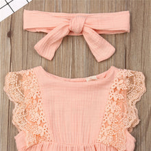 将图片加载到图库查看器，Pretty Summer Newborn Kid Baby Girl Outfits Lace Ruffle Sleeve Romper Solid Jumpsuit Bow Headband 2Pcs Baby Girl Sets 0-24M
