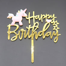 将图片加载到图库查看器，Gold Unicorn Acrylic Cake Topper Flamingo Happy Birthday Cupcake Topper For Baby Shower Mermaid Unicorn Party Cake Decorations
