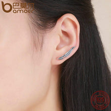 将图片加载到图库查看器，BAMOER 925 Sterling Silver Feathers Wing Stud Earrings With White Clear CZ SCE258
