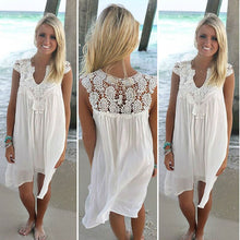 将图片加载到图库查看器，Lace Patchwork Dress Summer Beach Vacation Solid Women Dress Sexy V Neck Sleeveless Hollow Out Loose Dress White Lady Mini Dress

