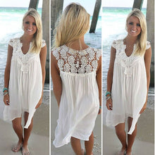 将图片加载到图库查看器，Lace Patchwork Dress Summer Beach Vacation Solid Women Dress Sexy V Neck Sleeveless Hollow Out Loose Dress White Lady Mini Dress
