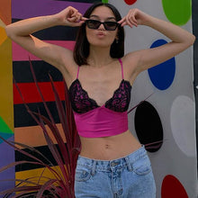 将图片加载到图库查看器，Rockmore Lace Patchwork Sexy Women Tops Summer Bodycon Spaghetti Strap Sleeveless Harajuku Casual Camis Nightlcub Crop Tank Top
