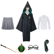 将图片加载到图库查看器，Girls Women Magic School Uniform Godric Hermione Robe Cloak Party Cosplay And Skirt Scarf Wand Kids Adult Halloween Costume
