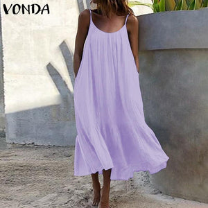 Bohemian Sundres Women Dress 2020 VONDA Summer Sleeveless Maxi Long Dress Beach Holiday Casual Loose Robe Plus Size Vestidos