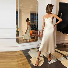 将图片加载到图库查看器，2020 Women Satin Deep V Neck Sexy Dress Solid Straight Pajamas Party Dress Elegant Female Summer Spaghetti Strap Dress Casual
