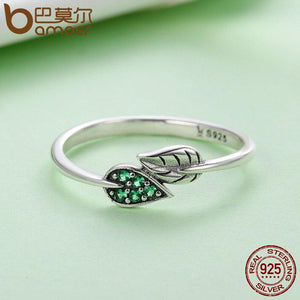 BAMOER 925 Sterling Silver Dancing Leaves Leaf Green Dazzling CZ Finger Rings SCR093