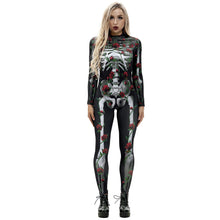 将图片加载到图库查看器，8Style Halloween Cosplay Costumes for Women Adult Scary Skeleton Bodysuit Print Long Sleeve Carnival Party Ghost Skull Dress
