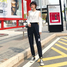 将图片加载到图库查看器，harajuku zipper streetwear women casual harem pants with chain New solid black pant cool fashion hip hop long trousers
