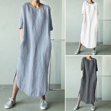 将图片加载到图库查看器，2021 ZANZEA Women O Neck Short Sleeve Sundress Summer Solid Cotton Linen Dress Split Long Vestido Female Robe Casual Party Dress
