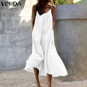 Bohemian Sundres Women Dress 2020 VONDA Summer Sleeveless Maxi Long Dress Beach Holiday Casual Loose Robe Plus Size Vestidos