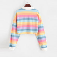 将图片加载到图库查看器，QRWR 2020 Polo Shirt Women Sweatshirt Long Sleeve Rainbow Color Ladies Hoodies With Button Striped Korean Style Sweatshirt Women
