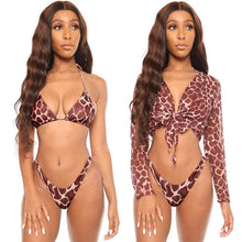 将图片加载到图库查看器，2021 Sexy Three Pieces Bikini Set Bell Sleeve Bikini Cover Up Swimwear Women Swimsuit Print Bathing Suit Beachwear Swimming Suit
