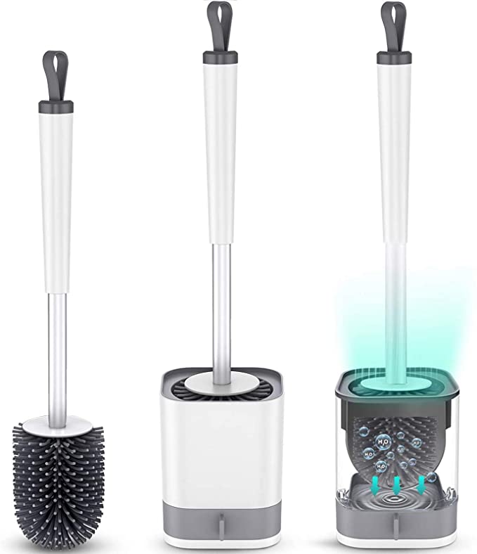 Toilet Brush and Holder, FYLINA Silicone Bristles Toilet Bowl Cleaner Brush and Holder Set for Bathroom with Water Storage Drawer & Quickly Drying Design, Floor Standing &Wall Mounted Without Drilling